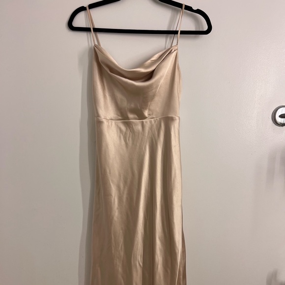Satin Strappy Draped Gown in Champagne | Fame and Partners - Picture 8 of 13